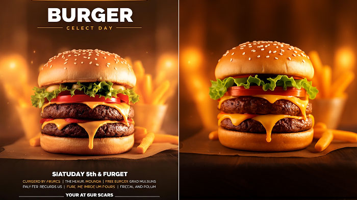 A collage of a burger poster. The left shows text in the poster, while the right has all the text removed.