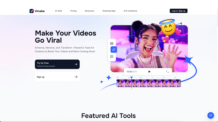 A screenshot of the homepage of Vmake.