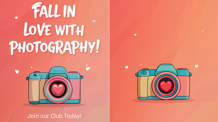 A collage of a social media image featuring a camera and text. The left shows text, while the right has the text removed.