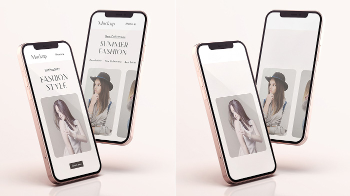 A collage of a photo of UI screens. The left shows text in the screens, while the right has all the text removed.