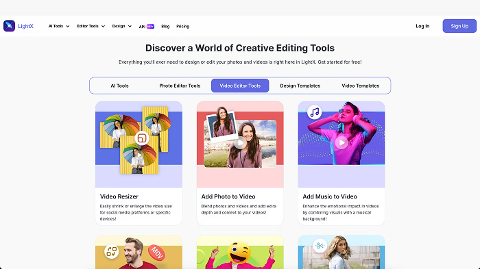 A screenshot of the homepage of LightX, showing video editing tools.