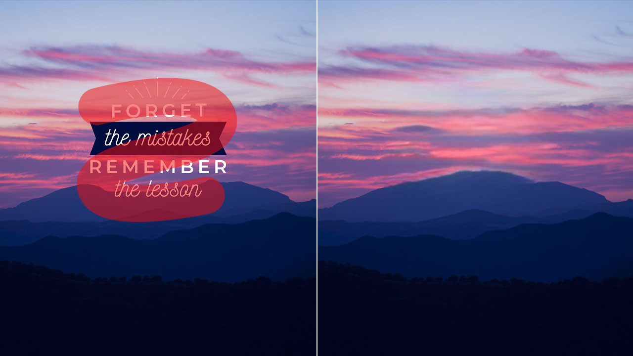 A collage of an image of sky and mountains. Left with a quote and right with quote text removed using AI.