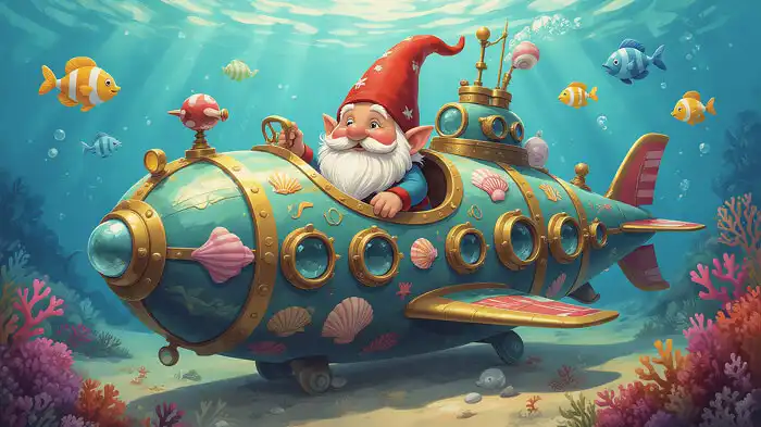 A tiny gnome steering a huge, ridiculously over-decorated submarine.