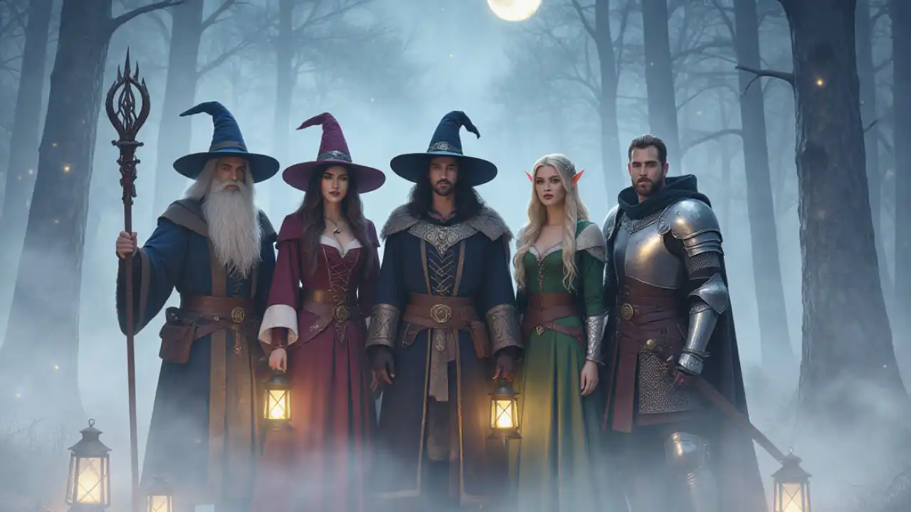 A group of friends dressed as classic monsters standing in a foggy graveyard at midnight under eerie moonlight.