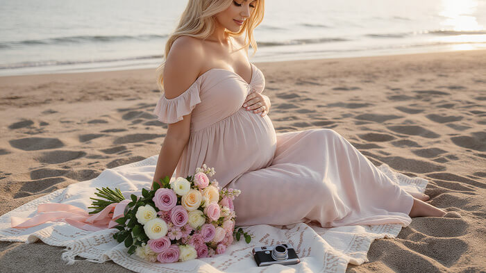 Beach maternity shoot planning essentials with hat, flowers, and camera for maternity photography preparation ideas.
