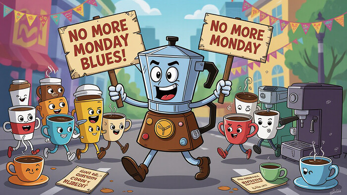 A coffee maker leading a protest against Mondays