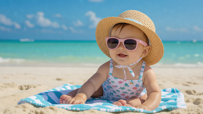 4-month-old baby in beach setup with sunglasses and ocean background, bright summer vibe
