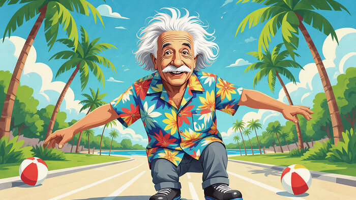 Einstein is chilling by wearing roller skates and a loud Hawaiian shirt.