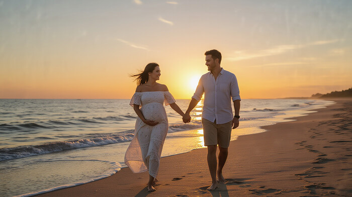 Pregnant woman in a pastel, flowy dress standing on a beach at sunset with waves and floral details, inspired by an AI maternity shoot theme.