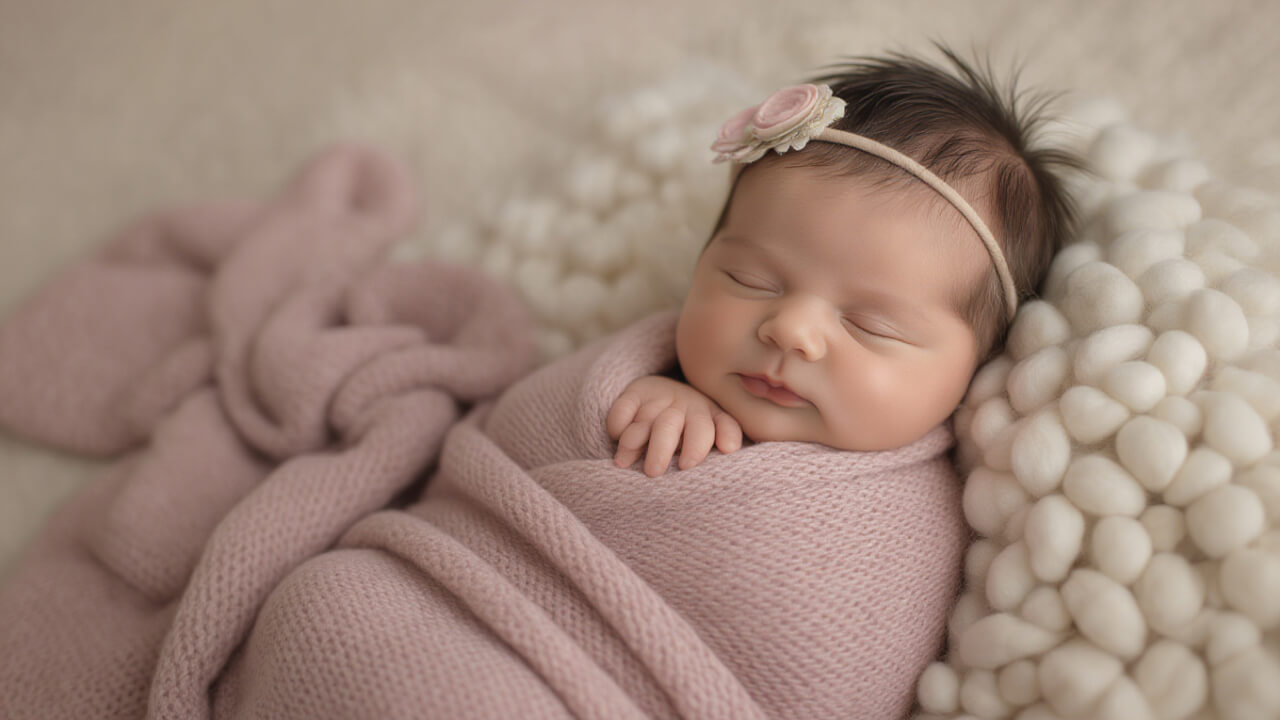 Adorable newborn baby lying on a soft blanket, cozy home photoshoot setup.