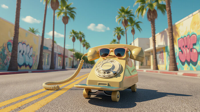 A vintage rotary phone with sunglasses, skateboarding down the street.