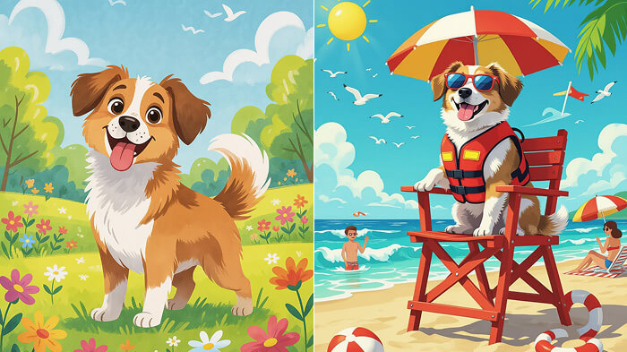 Dog sitting plainly vs dog on a beach chair with sunglasses, showing how the setting makes the image funny.