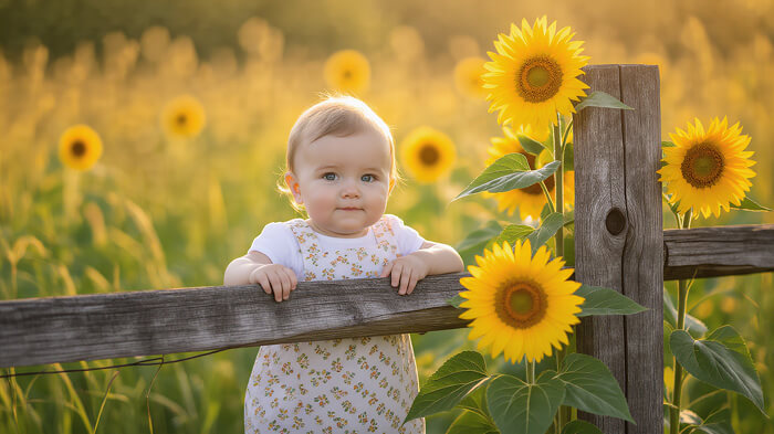 9-month-old baby in rustic farm setup with hay, ducklings, and warm morning light.