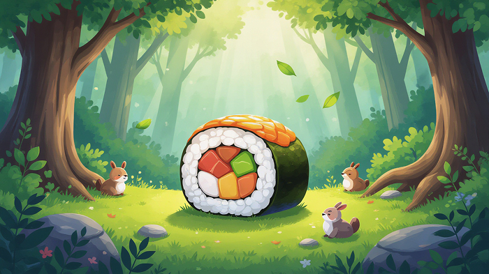 A sushi roll meditating in the forest