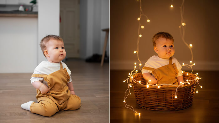 Baby photo transformed magically with AI, showing effortless cute shots at home.