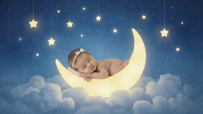  2-month-old baby on crescent moon with stars, dreamy AI look via LightX.