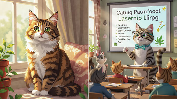 Cat sitting normally vs cat humorously giving a PowerPoint presentation to other cats.