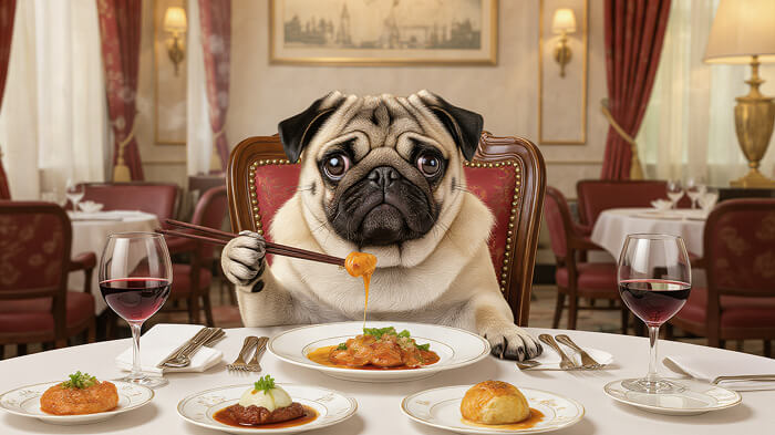 Pug at a fancy restaurant, super confused by the chopsticks