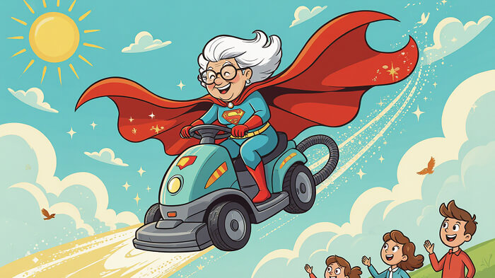 A grandma superhero flying with a vacuum cleaner