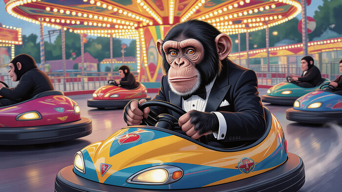 A chimp in a tiny tux, totally stressed out, driving a bumper car.