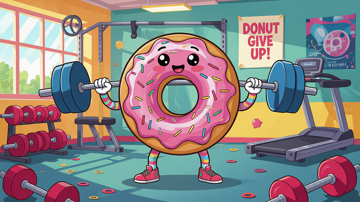 A donut lifting weights at the gym.