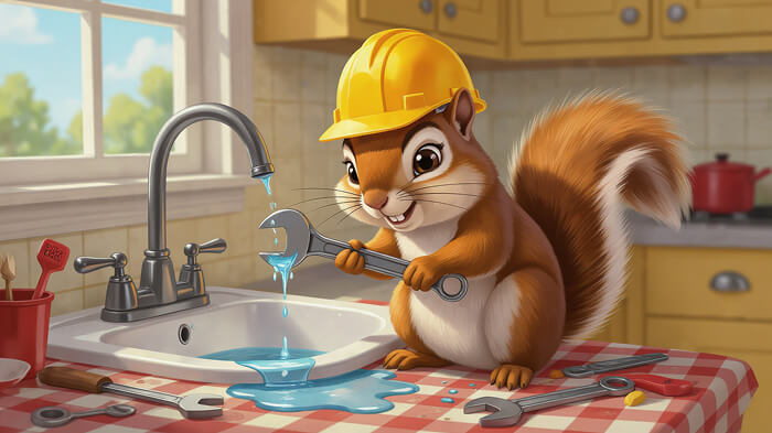A squirrel with a hard hat, seriously trying to fix a sink leak.