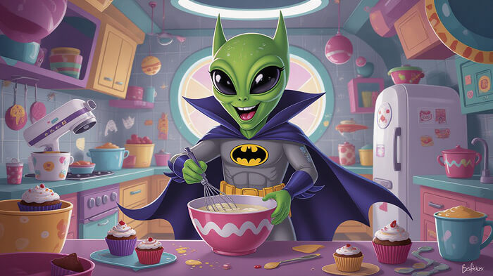 An alien dressed as Batman is baking cupcakes