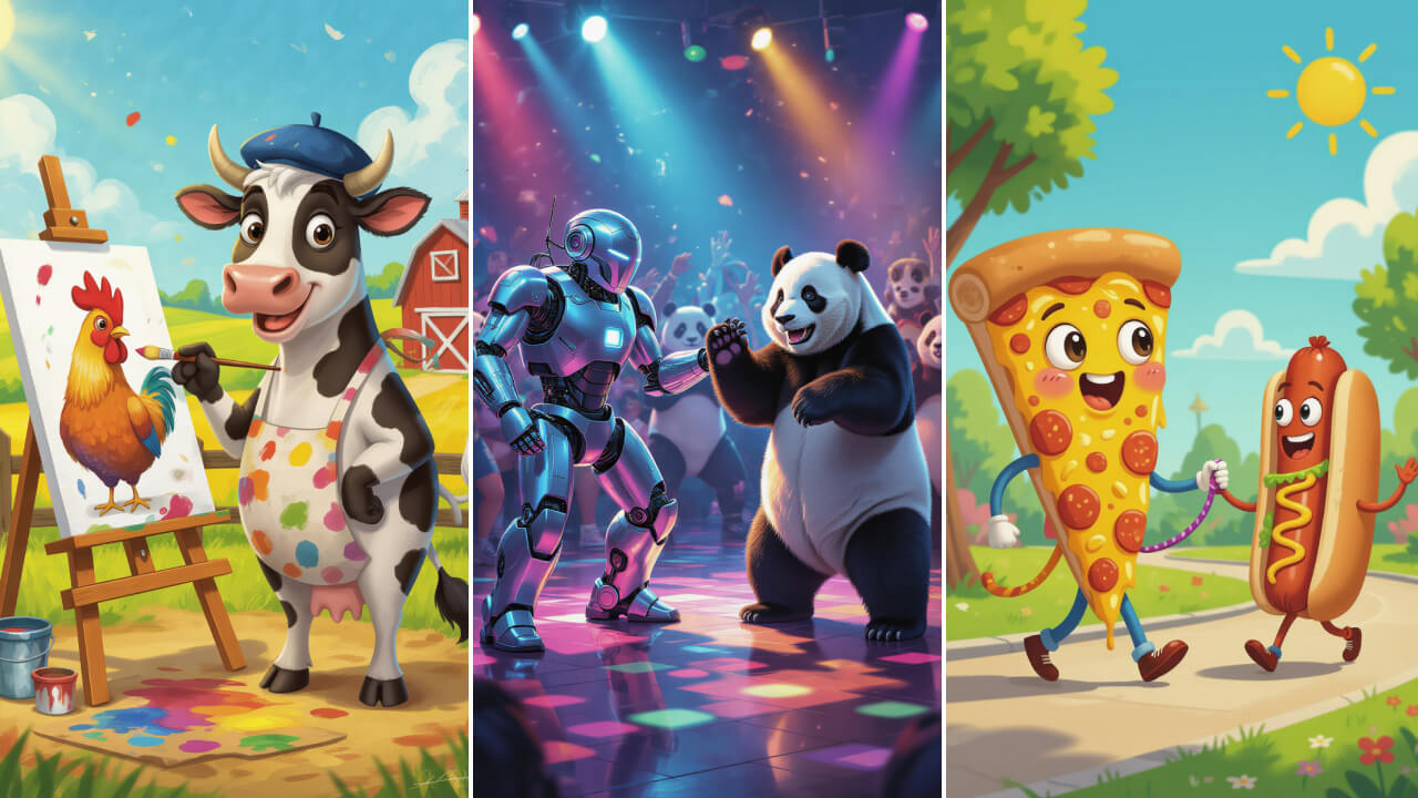 Funny AI-generated art scenes with animals, food, and robots.