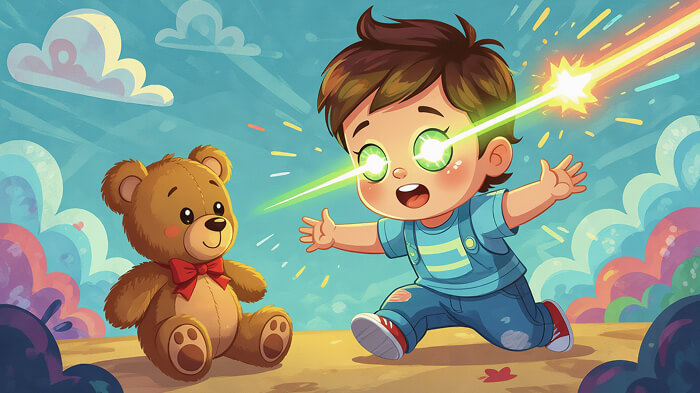 A baby with laser eyes is saving a teddy bear
