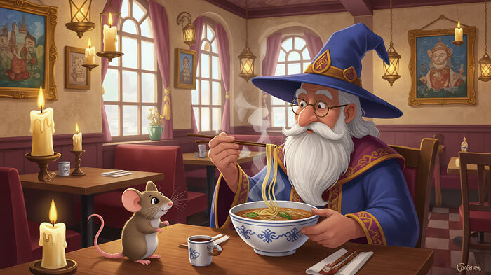 A wizard is eating noodles in a restaurant with a mouse