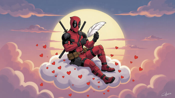 Deadpool is writing romantic poetry on a cloud