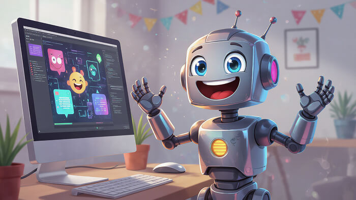Cartoon robot laughing while looking at a computer with funny images.