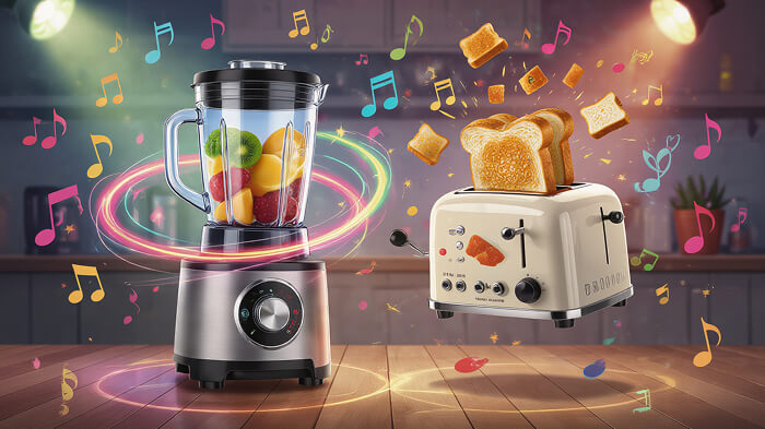 A blender and a toaster are having a dance battle