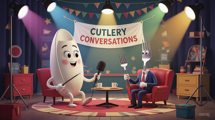 A spoon interviewing a fork on live TV