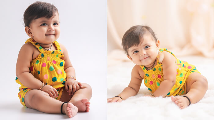 Before and after AI baby photoshoot showing how AI fixes lighting, props, and background easily.