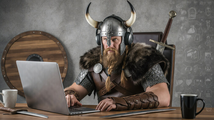 A Viking warrior is using the laptop and wearing headphones. 