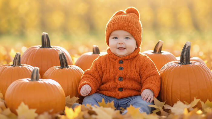 10-month-old baby in cozy pumpkin patch, surrounded by autumn leaves and warm golden light.
