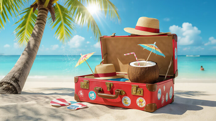 A suitcase is on vacation and sipping coconut water.