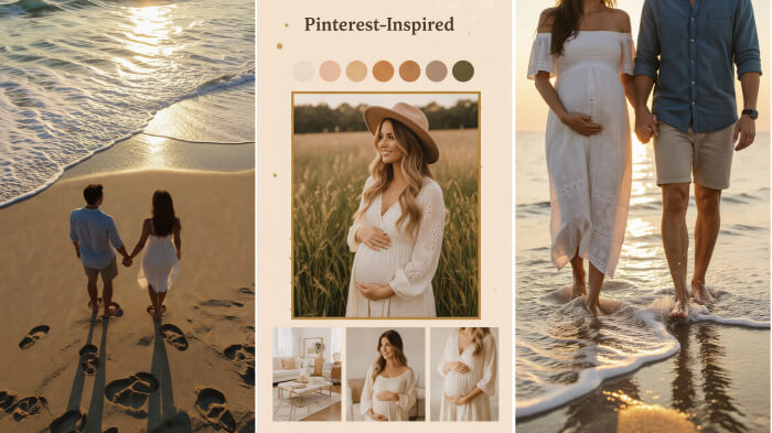 Pinterest-inspired beach maternity shoot board with golden light, flowy dresses, and couple photoshoot ideas.