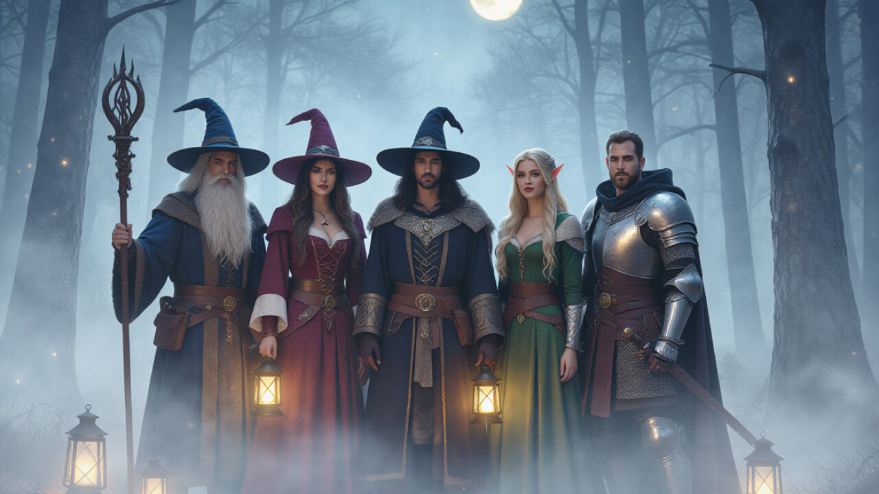 A group of friends dressed as classic monsters standing in a foggy graveyard at midnight under eerie moonlight.