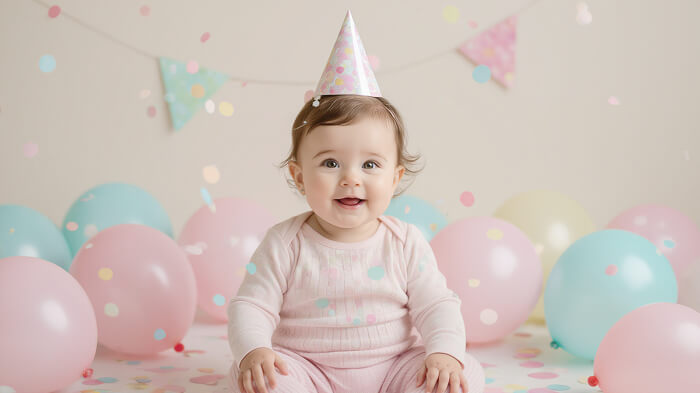11-month-old baby celebrating with pastel balloons, confetti, and cheerful birthday vibes.