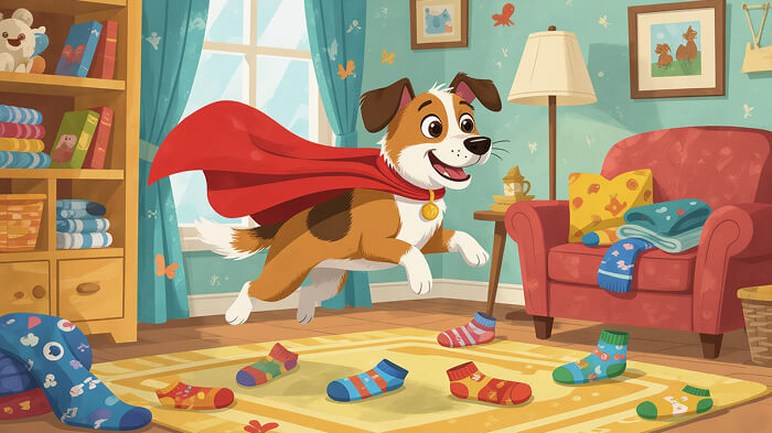 A dog in a cape rescuing lost socks