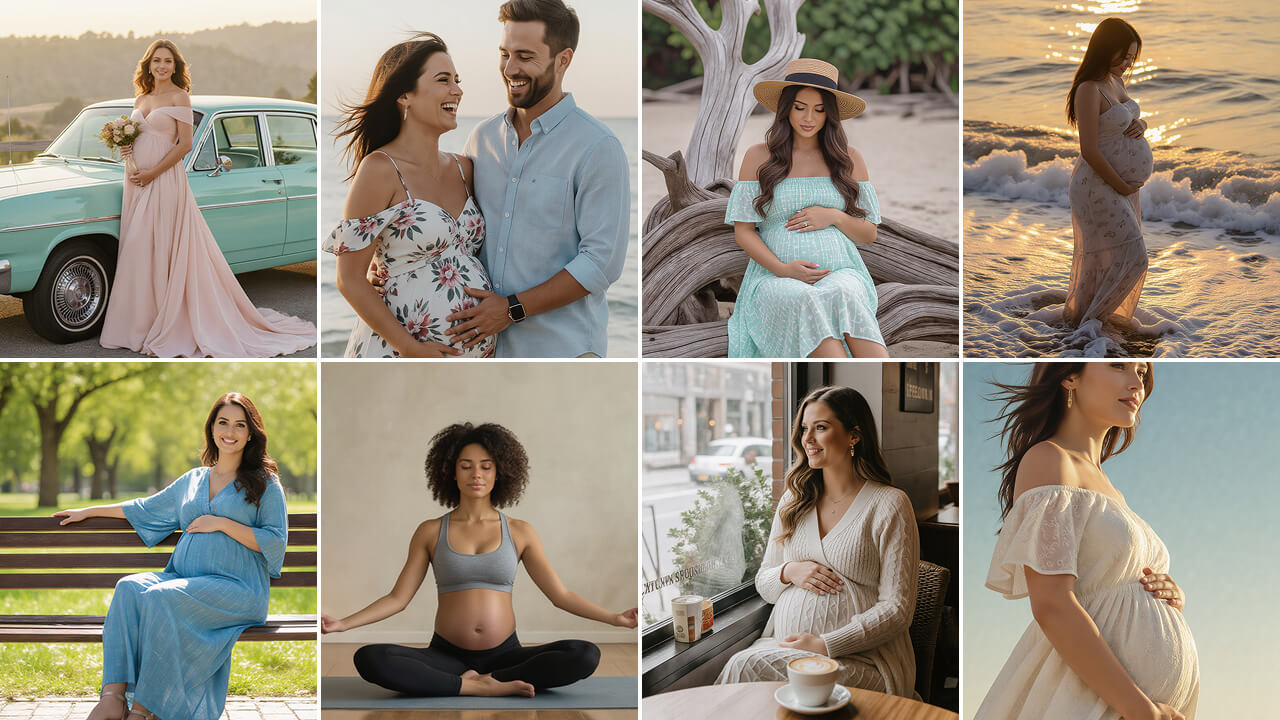 A collage of pregnant women posing in different maternity photoshoots, showcasing joyful, elegant, and creative pregnancy moments