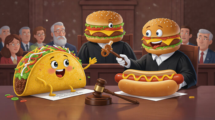 A taco arguing with a hot dog in court.
