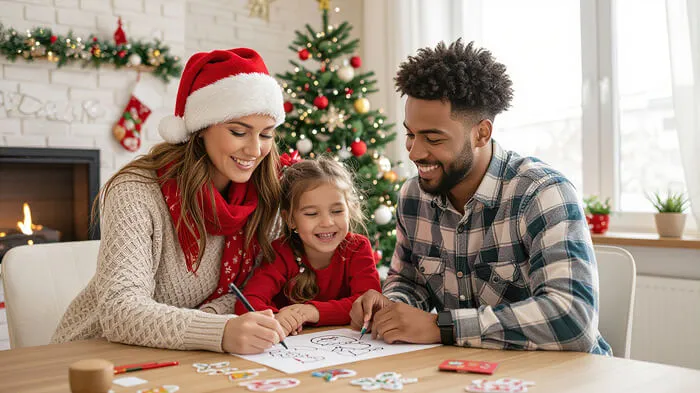 Family drawing and creating Christmas doodles together.