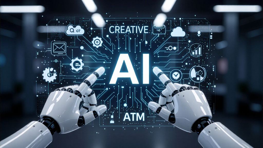 Robotic hand designing creative AI logos on a digital screen