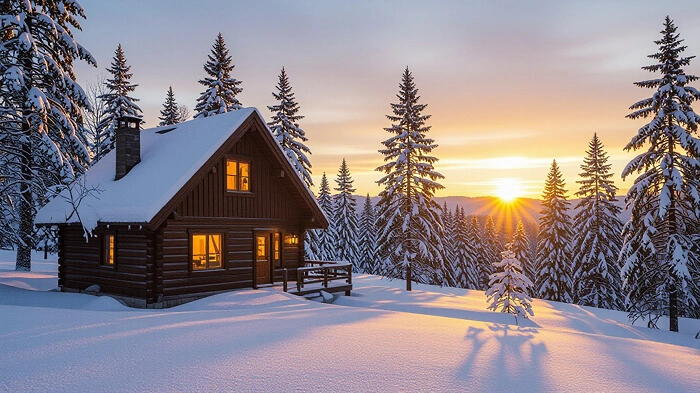 Snowy winter cabin with sunset light and pine trees.