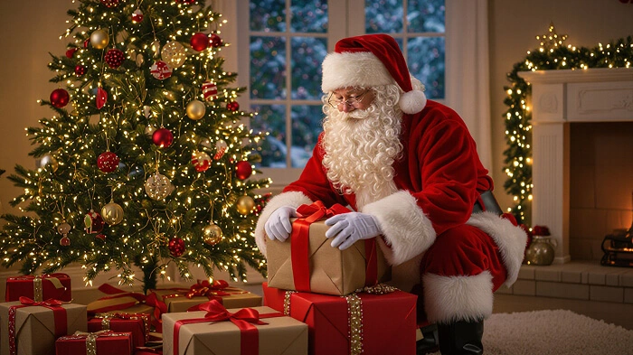 Santa placing gifts under a Christmas tree with glowing lights.