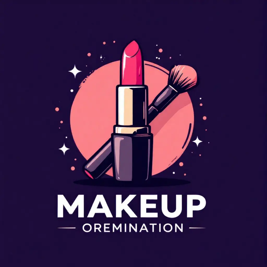Makeup brand logo featuring lipstick and brush illustration