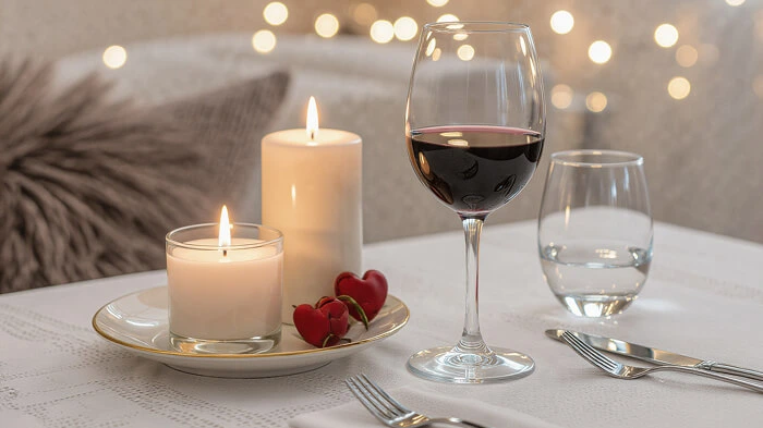 Two candles beside a glass of wine on a romantic date-night table.